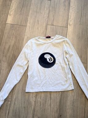 Edikted Light Gray Long Sleeve Tee with Black 8-Ball Graphic